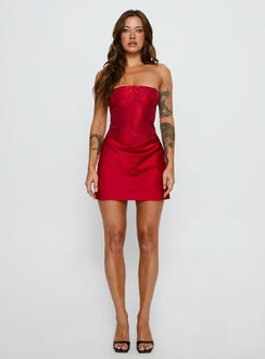 Jenevieve Strapless Drape Mini Dress Red