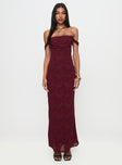 front view of model wearing Princess Polly Azura Off The Shoulder Maxi Dress Burgundy Straight Neck 