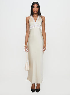 front view of model wearing Princess Polly Persefonie Lace Maxi Dress Champagne V-Neck 