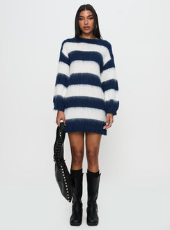 front view of model wearing Princess Polly Iryna Long Sleeve Knit Mini Dress Navy / White Stripe Crew Neck 