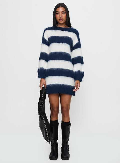 front view of model wearing Princess Polly Iryna Long Sleeve Knit Mini Dress Navy / White Stripe Crew Neck 