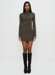 side view of model wearing Princess Polly Arte Deco Long Sleeve Mini Dress Mocha High Neck 