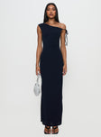 front view of model wearing Princess Polly Paislee Asymmetrical Maxi Dress Navy Asymmetric Neckline 