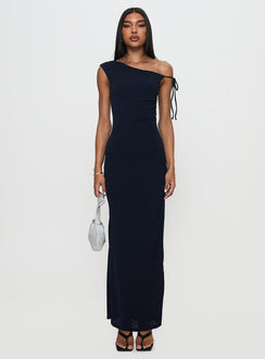 front view of model wearing Princess Polly Paislee Asymmetrical Maxi Dress Navy Asymmetric Neckline 