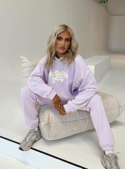 front view of model wearing Princess Polly Princess Polly Hooded Sweatshirt Squiggle Text Dusty Mauve / Eggshell regular 