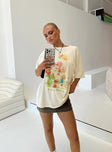 Front view of model wearing  front Princess Polly Full Sleeves Scoop Neck  Berry Sweet Oversized Tee Cream