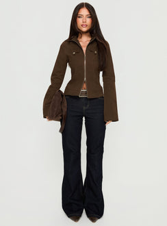 Kelehan Long Sleeve Zip Front Top Stonewashed Brown