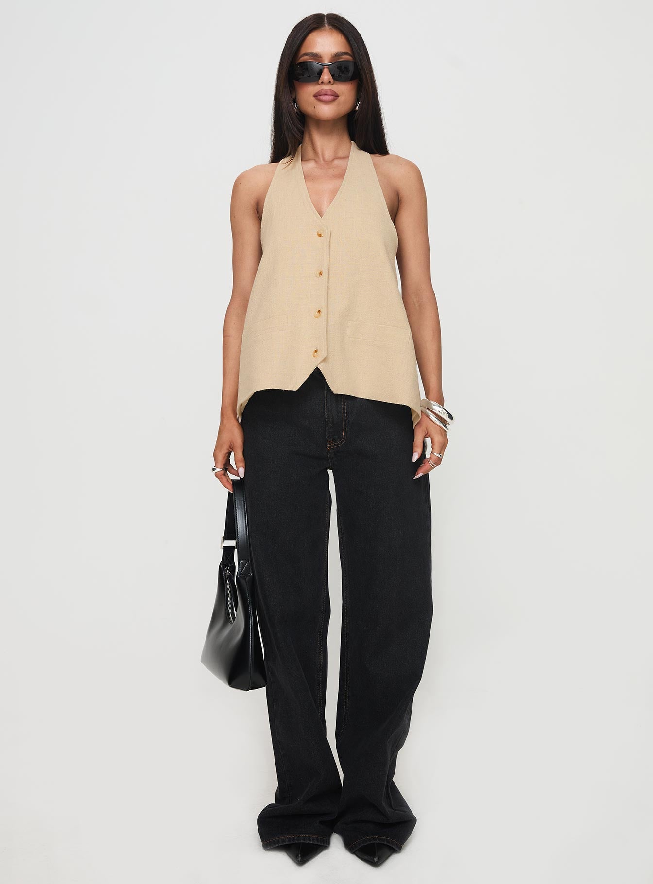 back view of model wearing Princess Polly Hills Halter Oatmeal Sleeveless V-Neck 