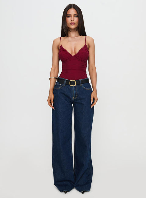 back view of model wearing Princess Polly Merril Bodysuit Maroon Sleeveless 