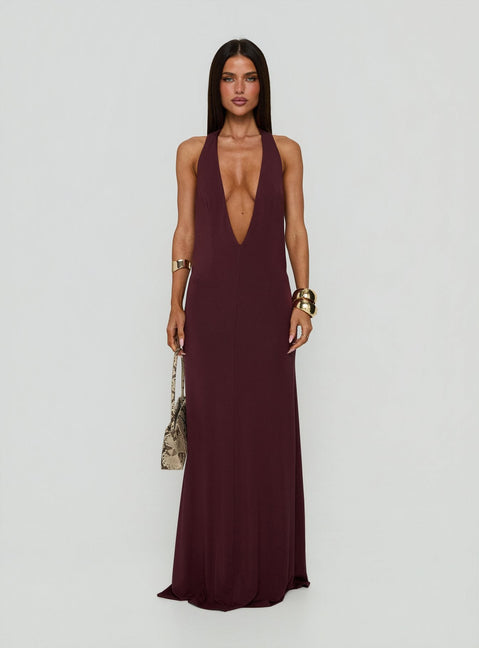 Think About Me Plunge Neck Racerback Maxi Dress Plum
