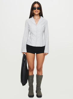 side view of model wearing Princess Polly Myers Stripe Top White Full Sleeves V-Neck 