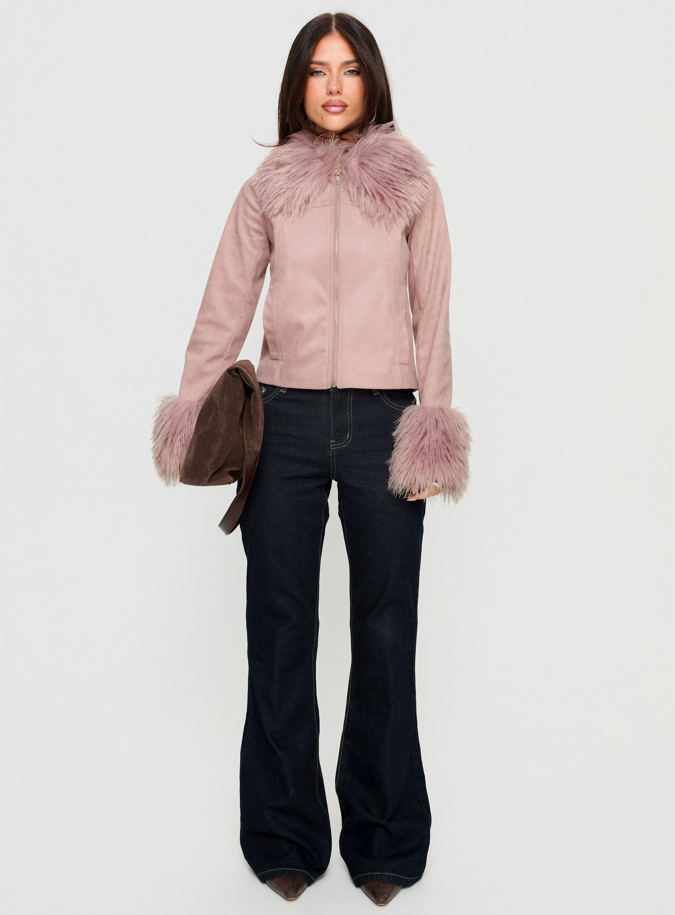 Jeanna Suede Faux Fur Detail Jacket Pink