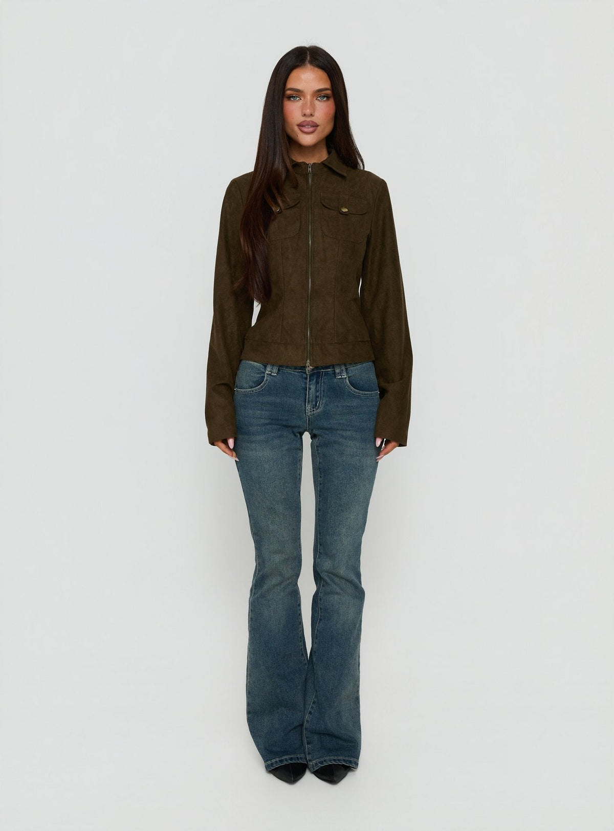 Kelehan Long Sleeve Faux Suede Zip Front Jacket Khaki