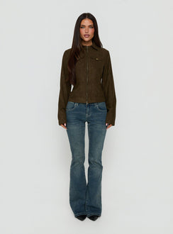 Kelehan Long Sleeve Faux Suede Zip Front Jacket Khaki