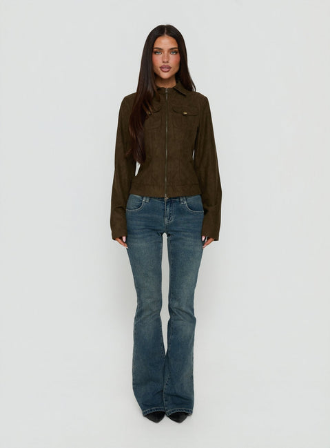 Kelehan Long Sleeve Faux Suede Zip Front Jacket Khaki