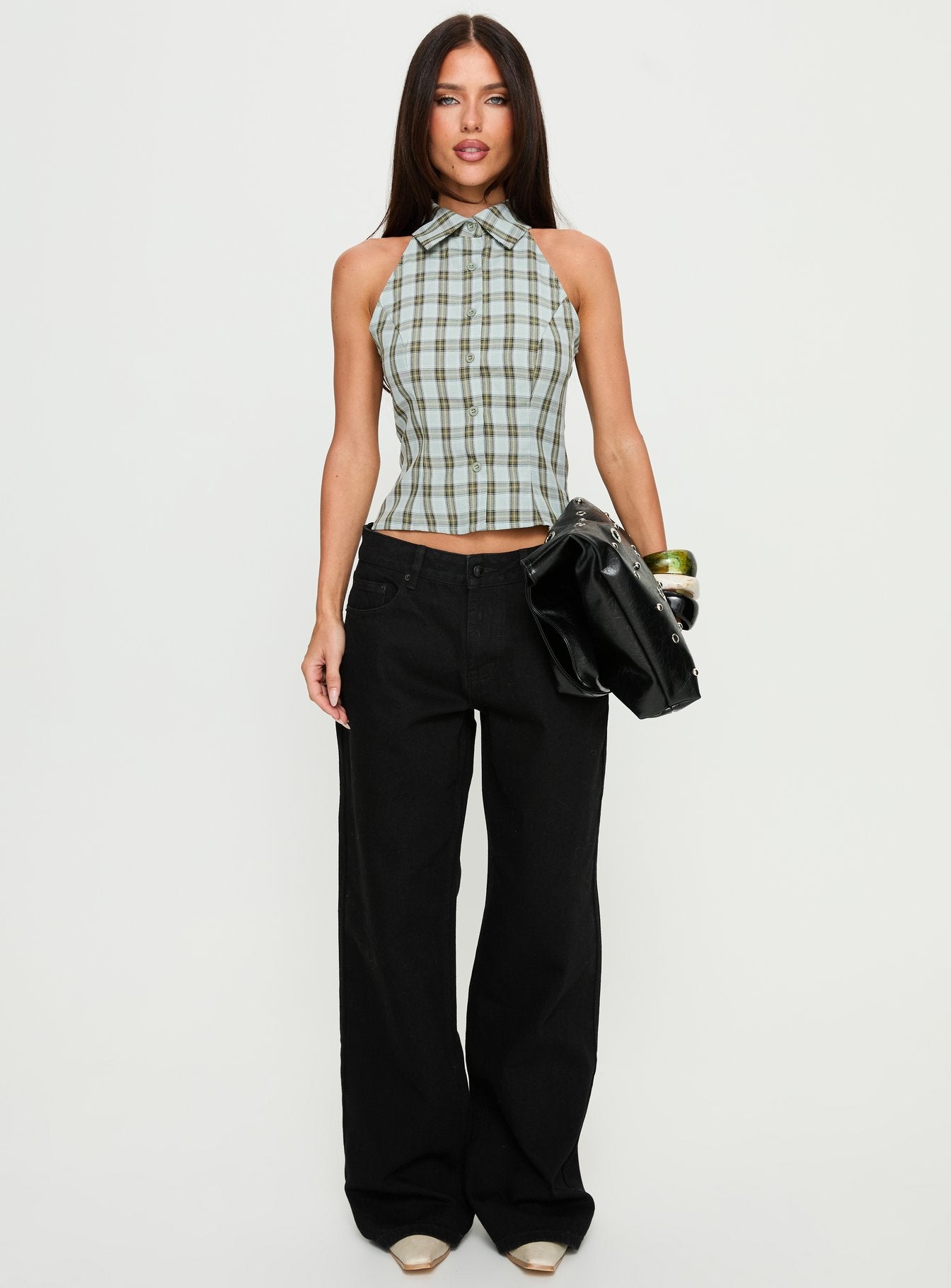 Daleia Sleeveless Collared Top Blue Check