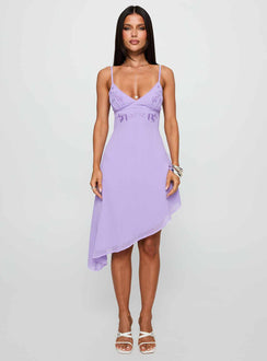 front view of model wearing Princess Polly Secret Gardens Asymmetrical Midi Dress Purple Plunger 