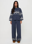 front view of model wearing Princess Polly Alpine Knit Pants Navy / Cream High Waisted Pants 