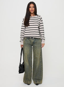 side view of model wearing Princess Polly Souvenirs Knit Sweater Grey Stripe 