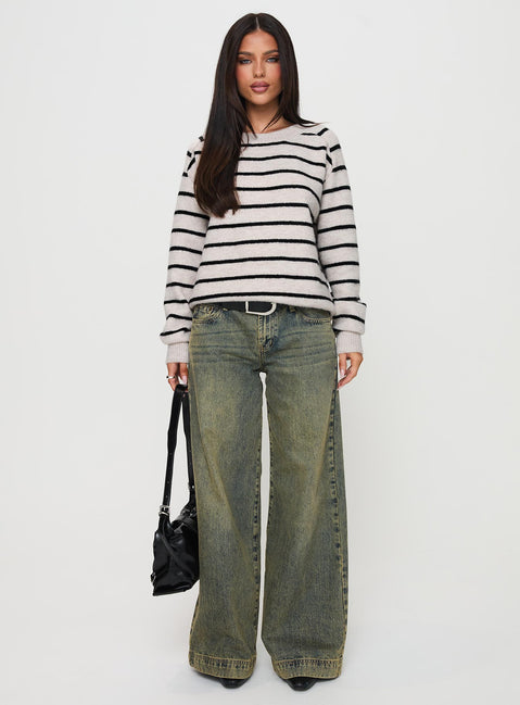 side view of model wearing Princess Polly Souvenirs Knit Sweater Grey Stripe 