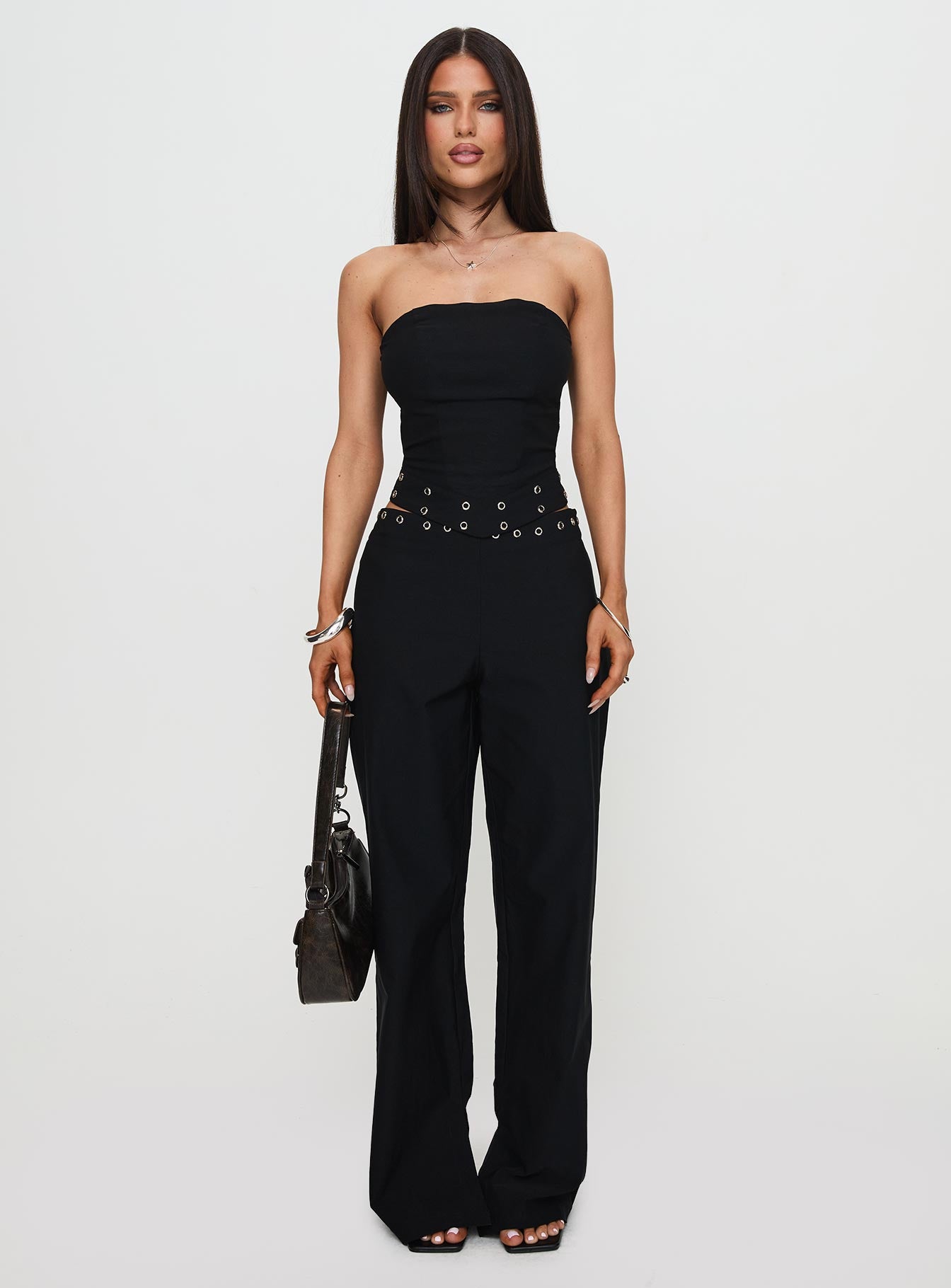 front view of model wearing Princess Polly Passionette Pants Black Petite High Waisted Pants 