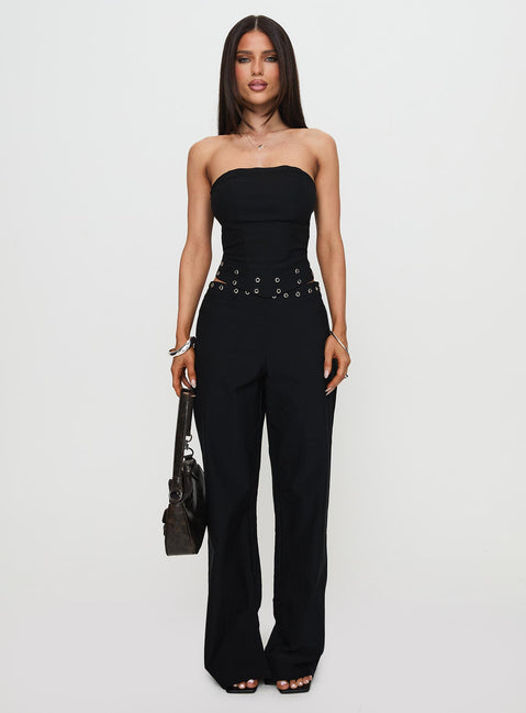 front view of model wearing Princess Polly Passionette Pants Black Petite High Waisted Pants 