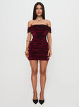 front view of model wearing Princess Polly Regency Strapless Velvet Mini Dress Burgundy Straight Neck 