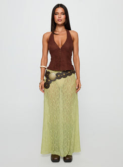   side view of model wearing Princess Polly Pura Vida Lace Maxi Skirt Sage Maxi 