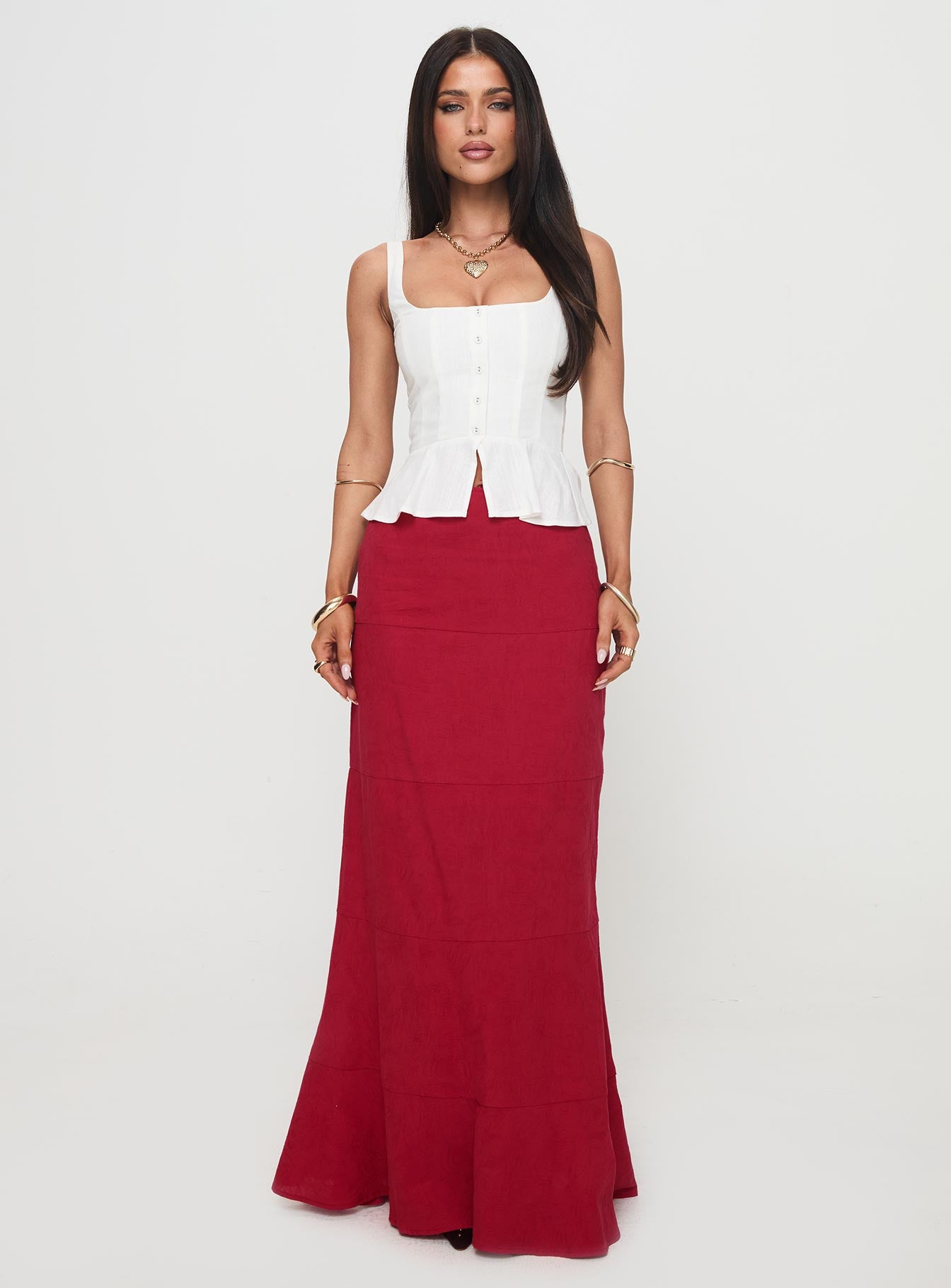   front view of model wearing Princess Polly Raven Mid Rise Maxi Skirt Red Maxi 