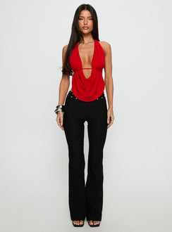 front view of model wearing Princess Polly Yevina Eyelet Flare Pant Black Low Rise Pants 