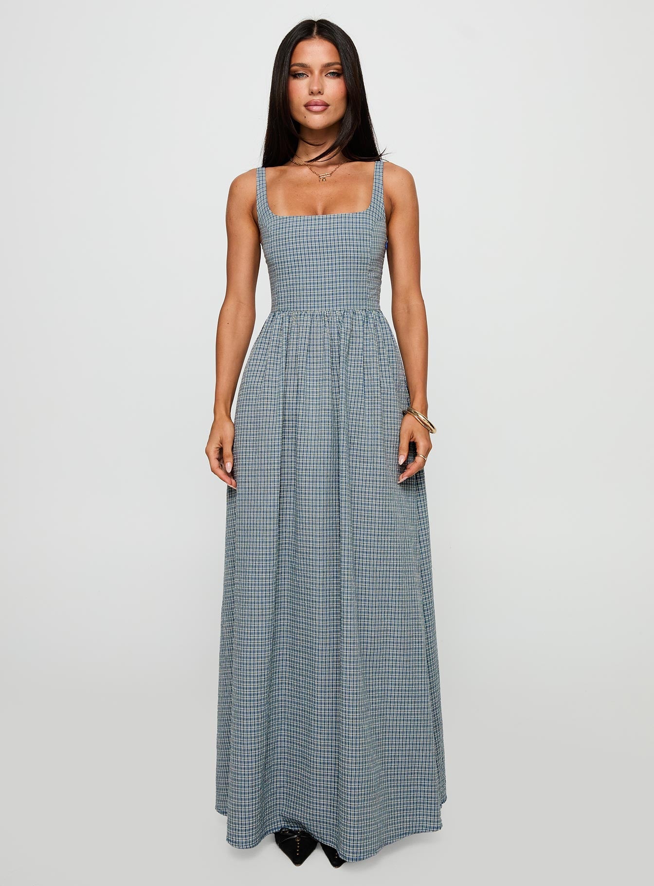Cartmel Check Maxi Dress Navy | Princess Polly