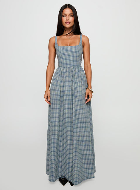 front view of model wearing Princess Polly Cartmel Check Maxi Dress Navy Square Neck 