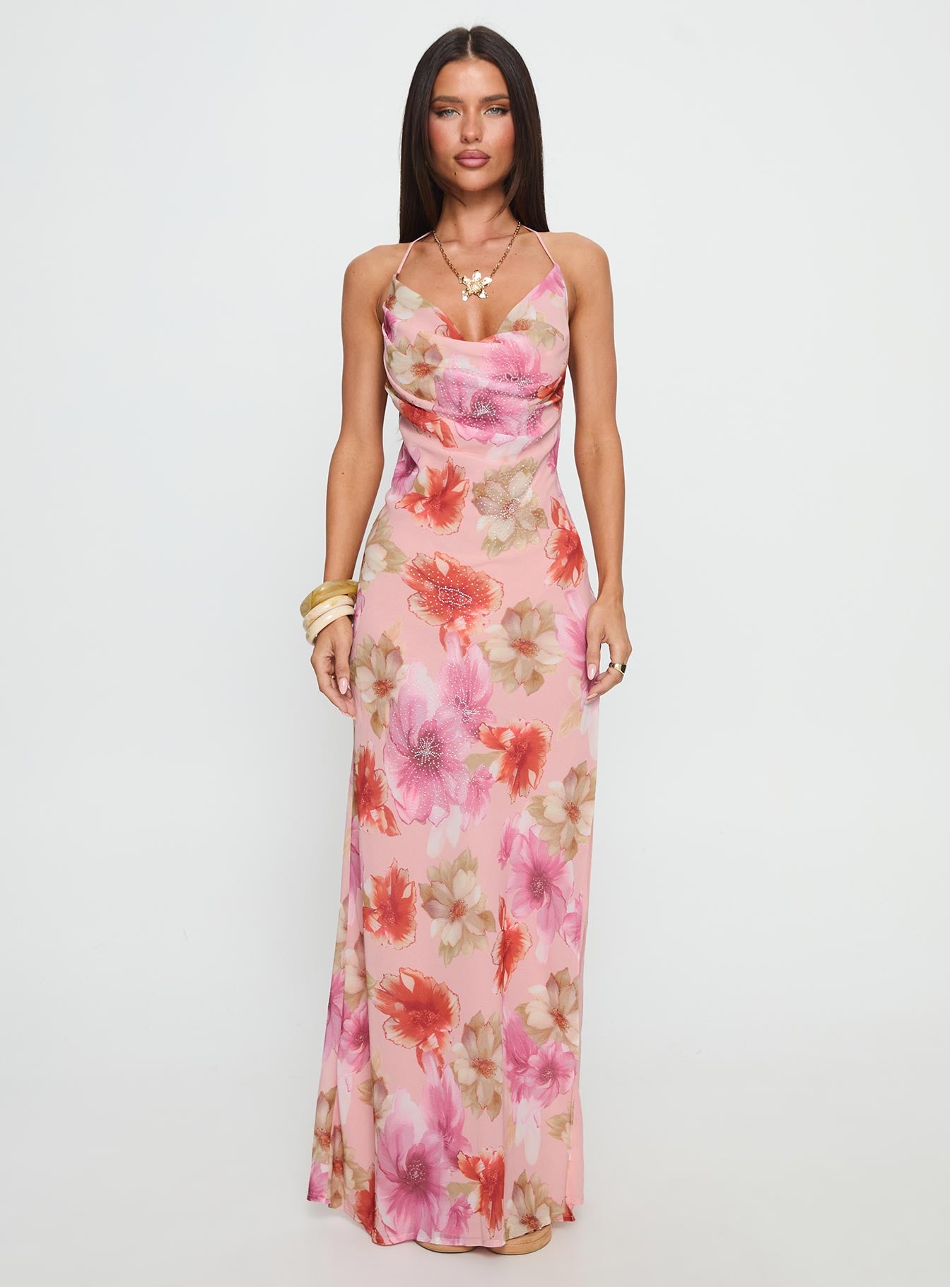 Sibellah Beaded Cowl Neck Maxi Dress Pink Multi