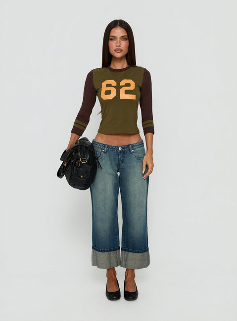 62 Varsity Long Sleeve Graphic Top Khaki Multi