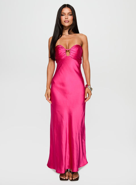 front view of model wearing Princess Polly Cyprian Strapless Maxi Dress Hot Pink Sweetheart Neckline 