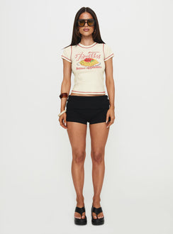 side view of model wearing Princess Polly Buon Appetito Top Cream Short Sleeves Crew Neck 