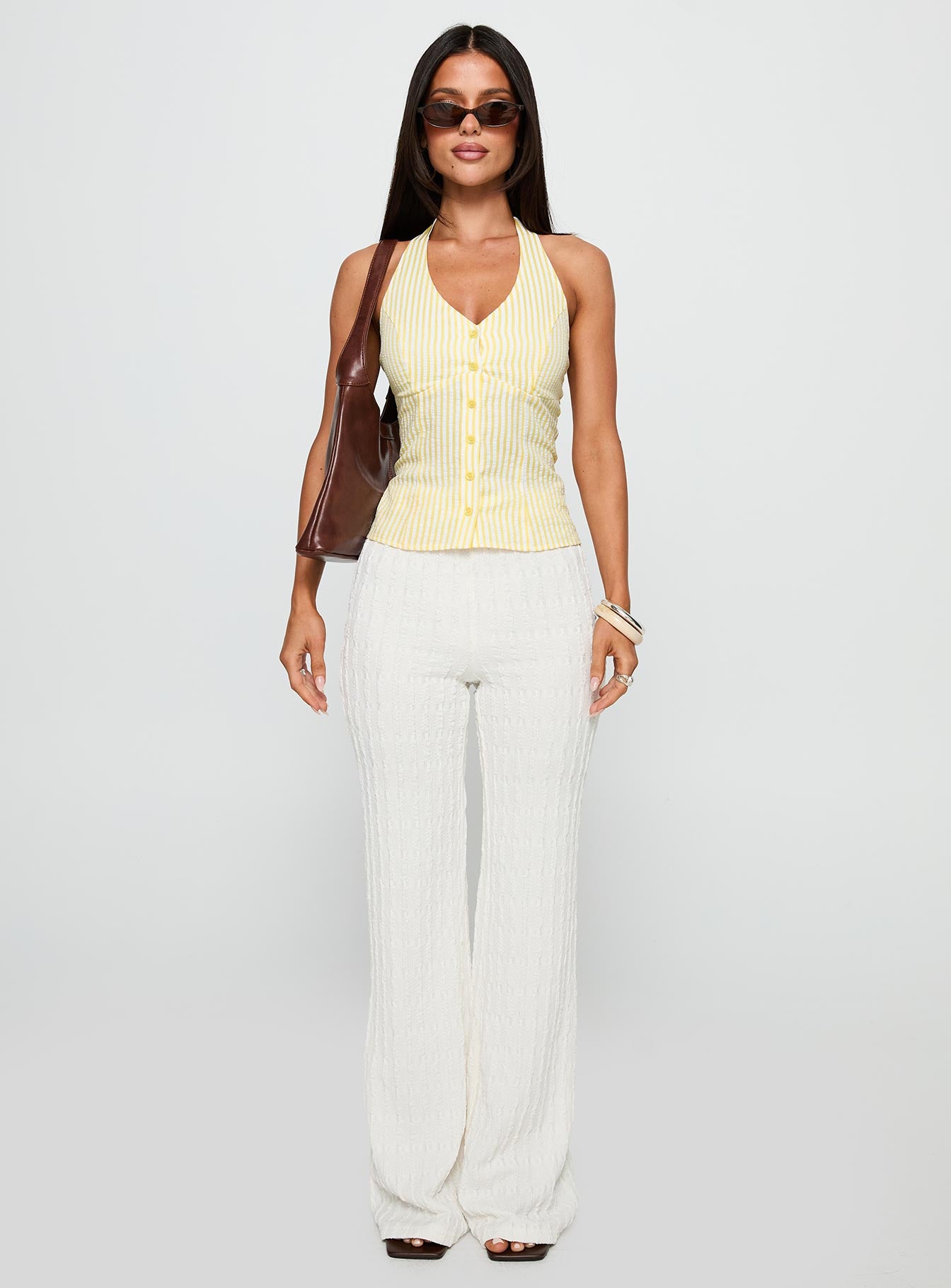 front view of model wearing Princess Polly Leisure State Knit Pant White High Waisted Pants 