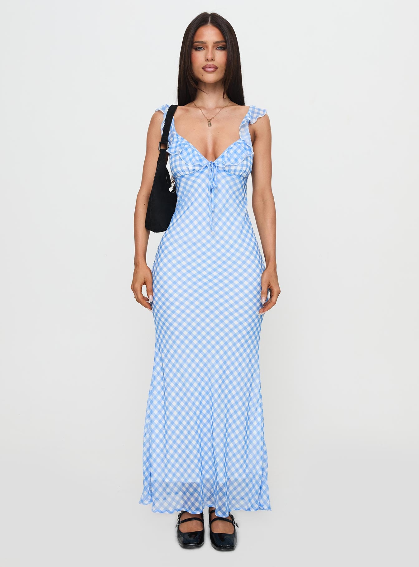 front view of model wearing Princess Polly Brigette Maxi Dress Blue Gingham Plunger 