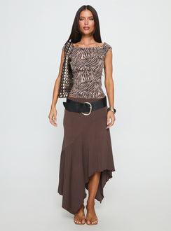   side view of model wearing Princess Polly Futura Asymmetrical Midi Skirt Chocolate Maxi Skirts 