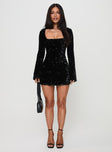 front view of model wearing Princess Polly Vinelle Long Sleeve Mini Dress Black Square Neck 