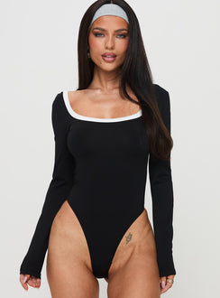 front view of model wearing Princess Polly Ender Contrast Trim Bodysuit Black Long Sleeve Tops 