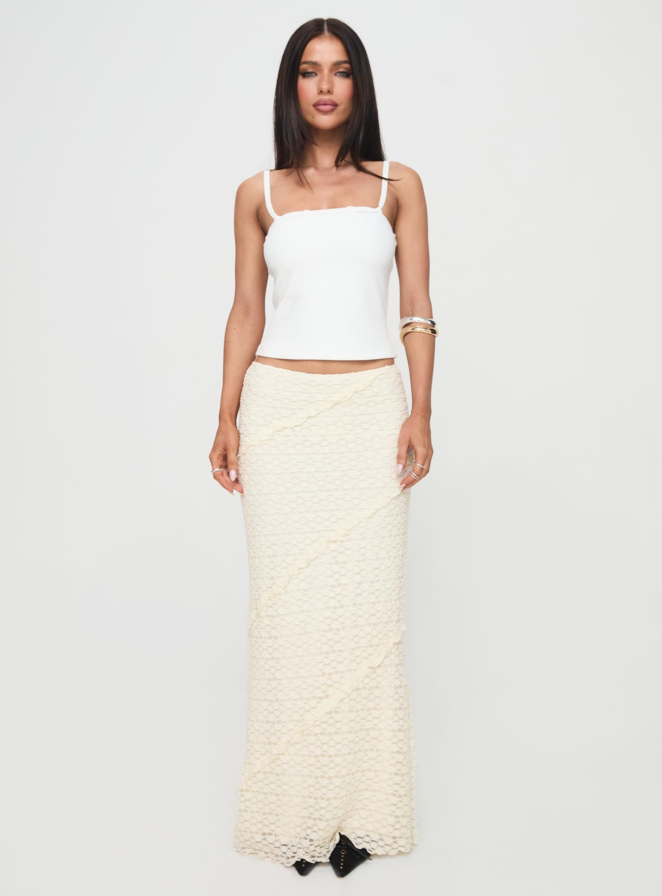   front view of model wearing Princess Polly Incandescent Maxi Skirt Cream Maxi 