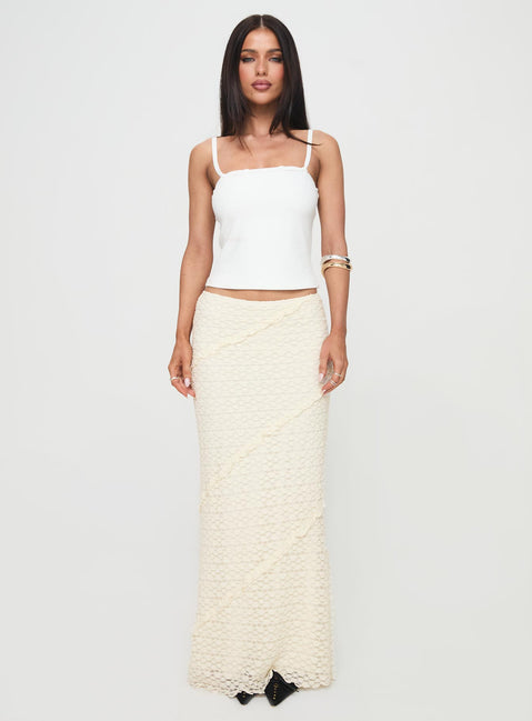   front view of model wearing Princess Polly Incandescent Maxi Skirt Cream Maxi 