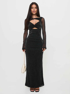 front view of model wearing Princess Polly Allegoria Long Sleeve Maxi Dress Black Glitter Scoop Neck 