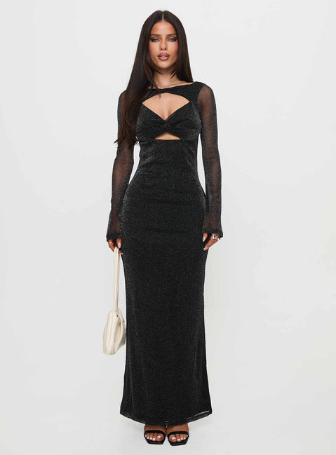 front view of model wearing Princess Polly Allegoria Long Sleeve Maxi Dress Black Glitter Scoop Neck 