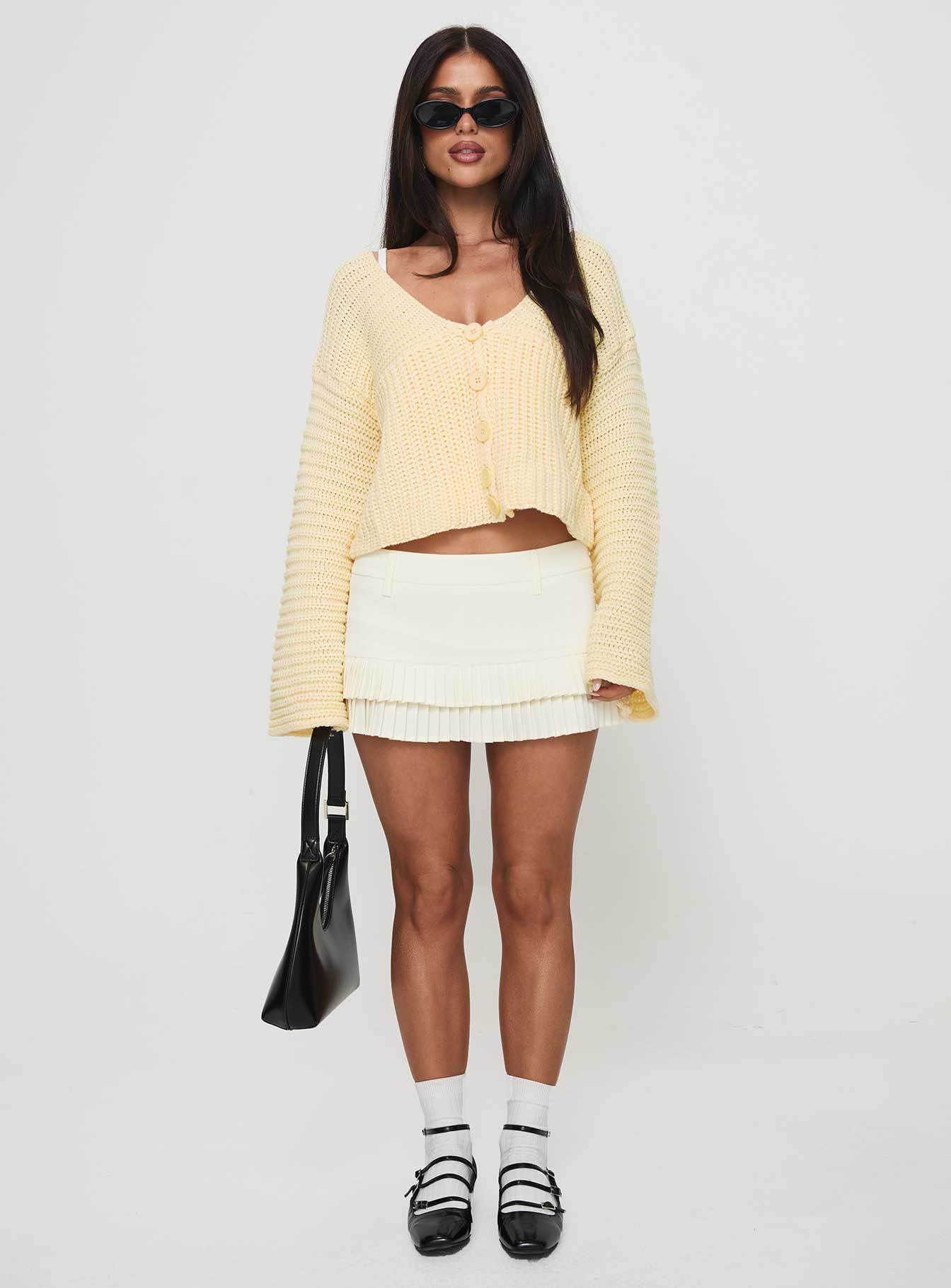 front view of model wearing Princess Polly Artha Cardigan Lemon Cropped 