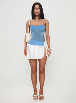 front view of model wearing Princess Polly Ponce Top Blue Sleeveless Sweetheart 