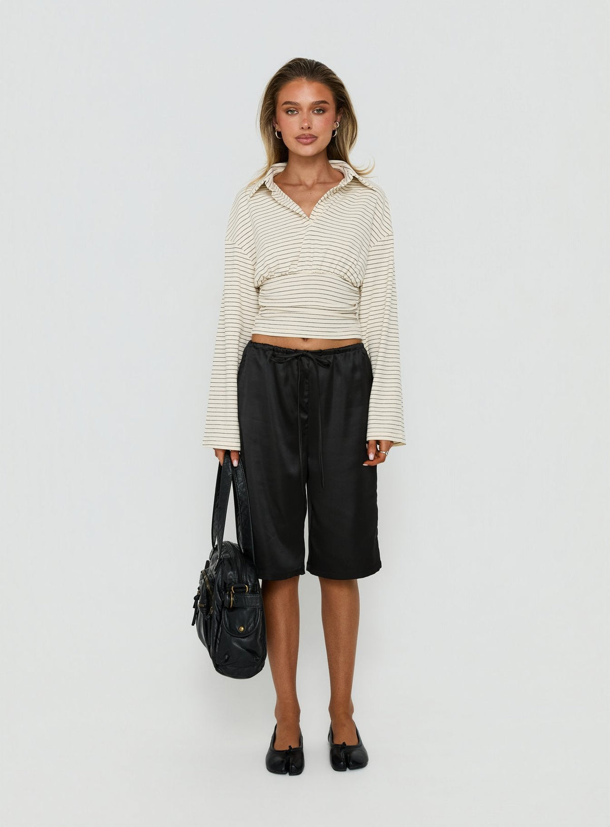 Raezer Cinched Polo Langarm-Top Creme gestreift