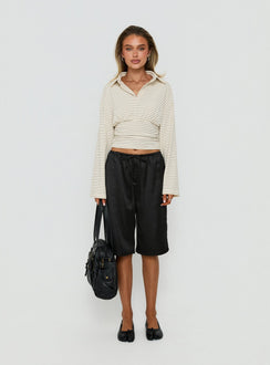 Raezer Cinched Polo Langarm-Top Creme gestreift