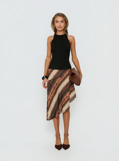   front view of model wearing Princess Polly Esmira Asymmetrical Midi Skirt Brown Stripe Midi Skirts 